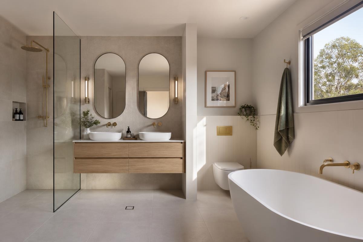 Refitted family bathroom with porcelain tiling, fitted vanity and freestanding bath