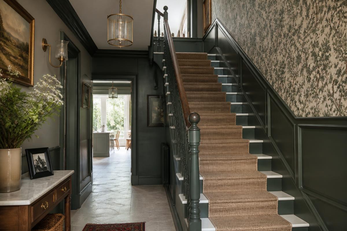 Period hallway with green painted panelling, wallpapered wall and restored staircase