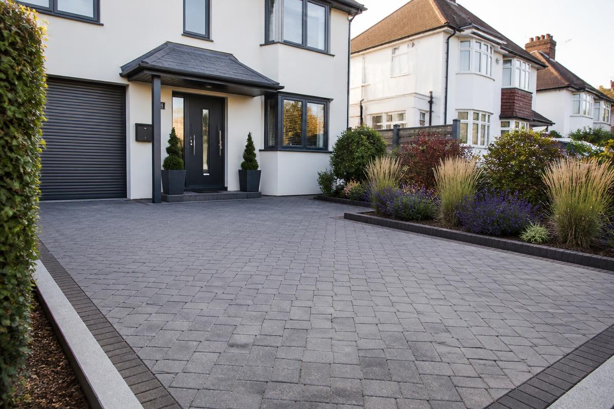 Completed block-paved driveway with neat edging and front planting