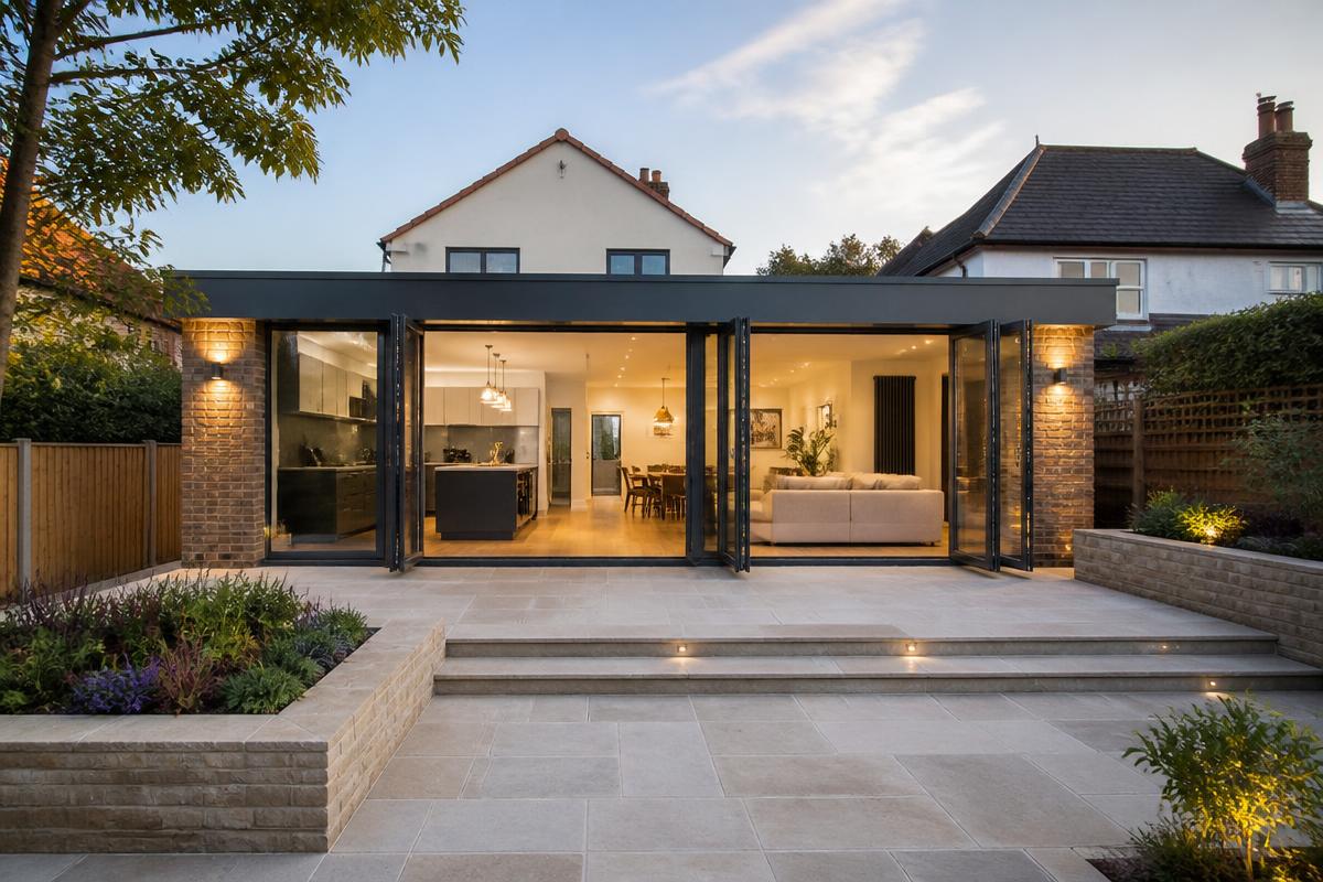 Completed rear house extension with slim-frame bifold doors and landscaped patio