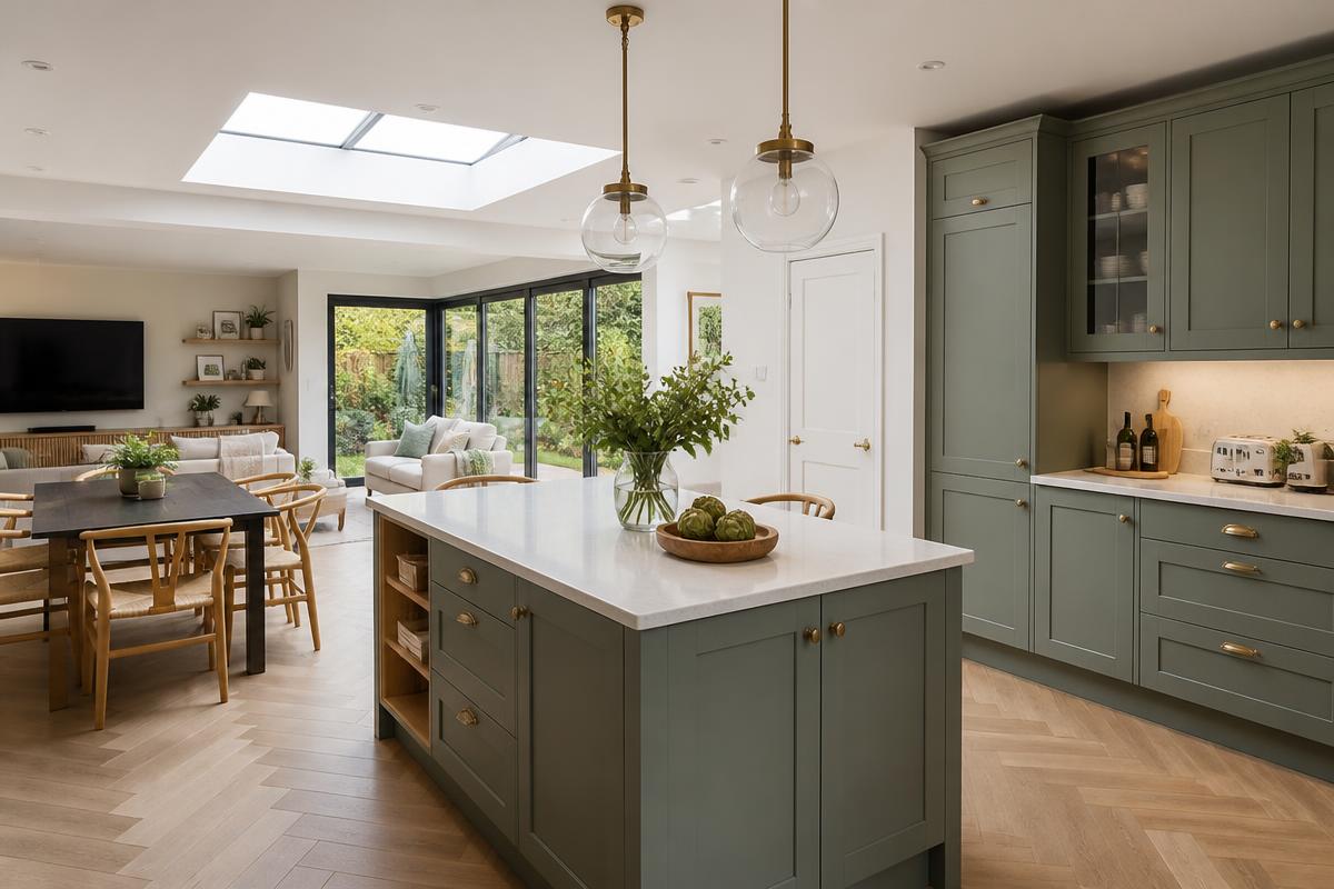 Renovated open-plan kitchen and family room with island and rooflight