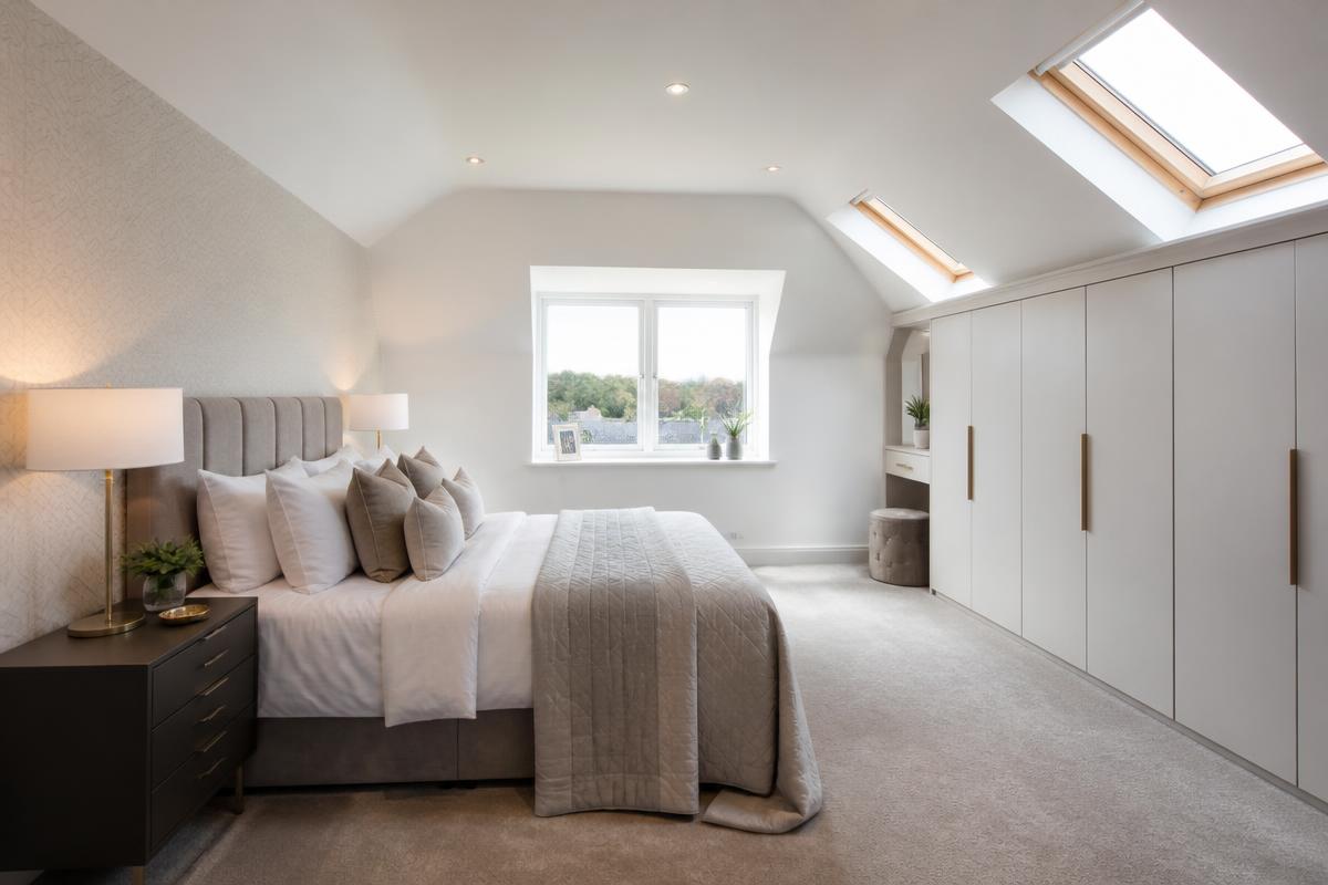 Completed loft conversion bedroom with dormer window and fitted wardrobes