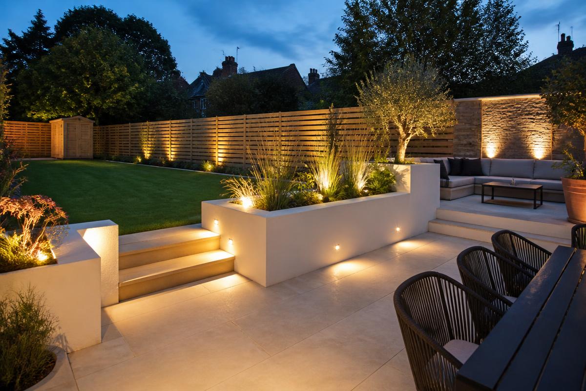 Garden patio with limestone paving, raised planters and ambient lighting