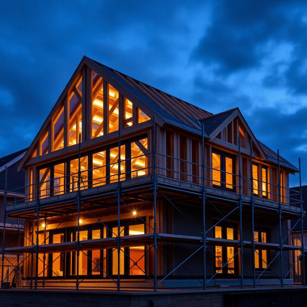 Timber-framed house extension under construction