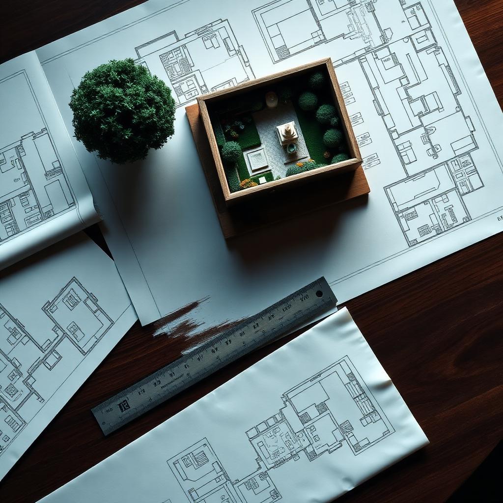 Architectural plans and a garden model on a desk
